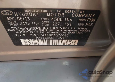 2013 Hyundai Sonata Hybrid z USA, uszkodzony, nr VIN KMHEC4A49DA074048